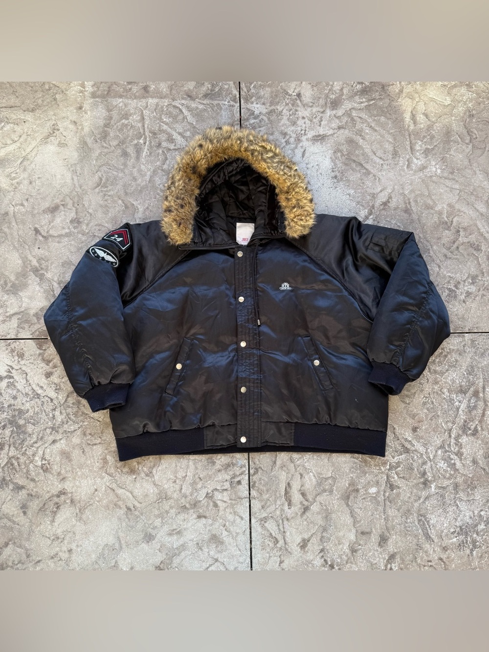 Vintage 00s Y2K JLO Faux Fur Hooded Black Puffer Bomber Jacket